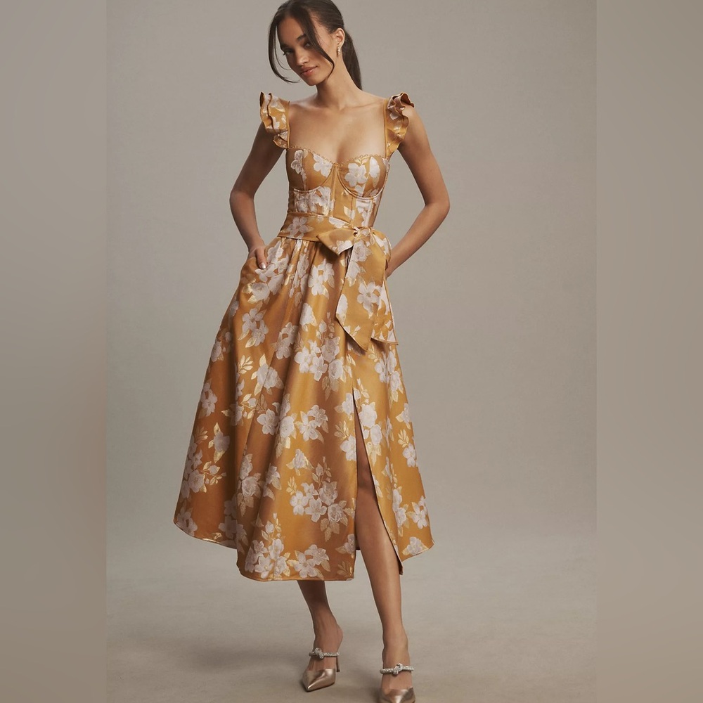 V. Chapman Vera Ruffle-Strap Corset Side-Slit Midi Dress Like New